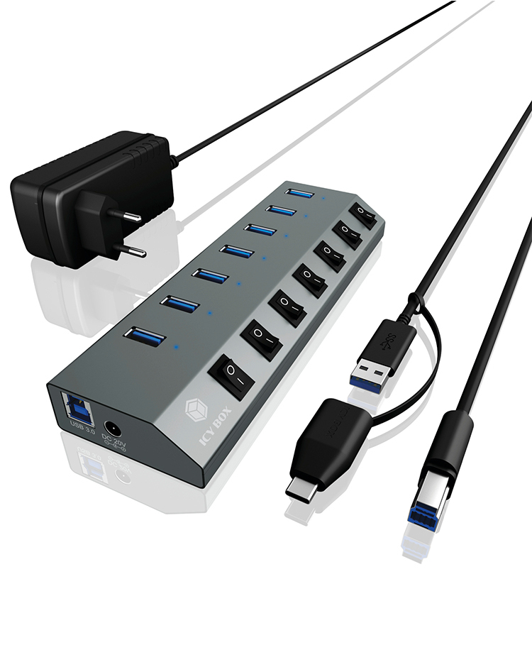 Icy Box USB 3.0 Hub 7 Θυρών με σύνδεση USB-A / USB-C και Εξωτερική Παροχή Ρεύματος
