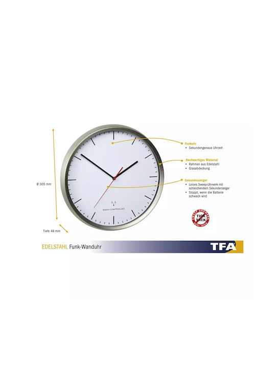 TFA Αθόρυβο Ρολόι Τοίχου Μεταλλικό Γκρι Ø77cm - Image 4
