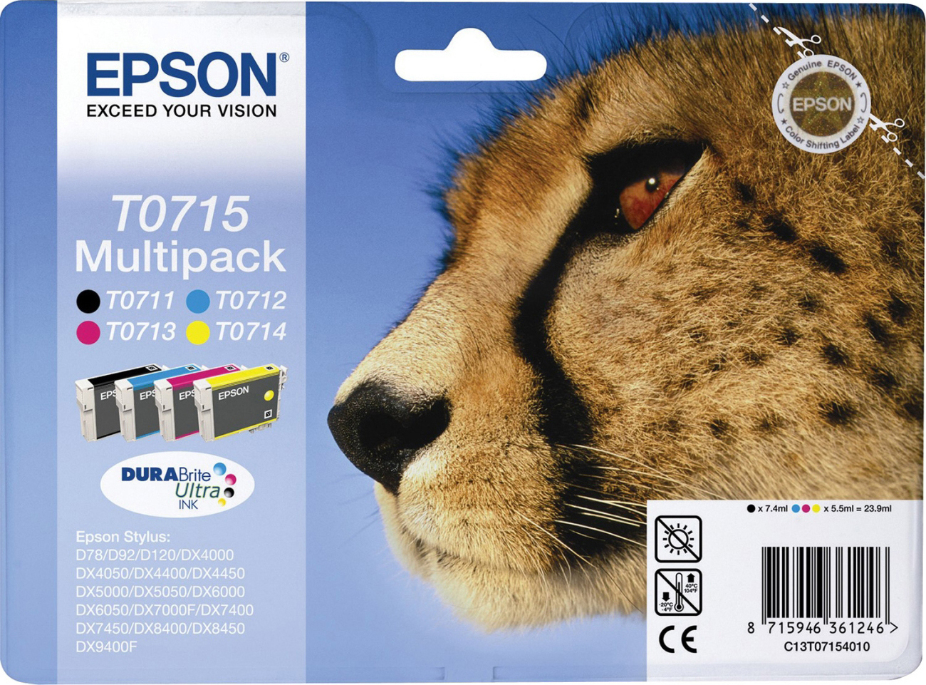 Epson T0715 Γνήσιο Πακέτο 4 Μελανιών Εκτυπωτή InkJet Κίτρινο / Κυανό / Ματζέντα / Μαύρο (C13T07154010 C13T07154020 C13T07154012)