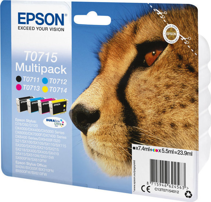 Epson T0715 Γνήσιο Πακέτο 4 Μελανιών Εκτυπωτή InkJet Κίτρινο / Κυανό / Ματζέντα / Μαύρο (C13T07154010 C13T07154020 C13T07154012) - Image 2