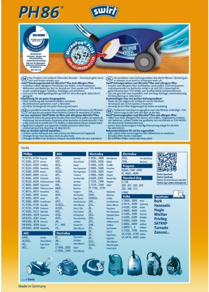 Swirl PH86 Σακούλες Σκούπας 4τμχ Συμβατή με Σκούπα AEG / Electrolux / Philips - Image 2