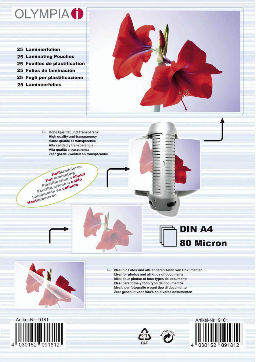 Olympia Din A4 80 Micron Φύλλα Πλαστικοποίησης 25 Τμχ.
