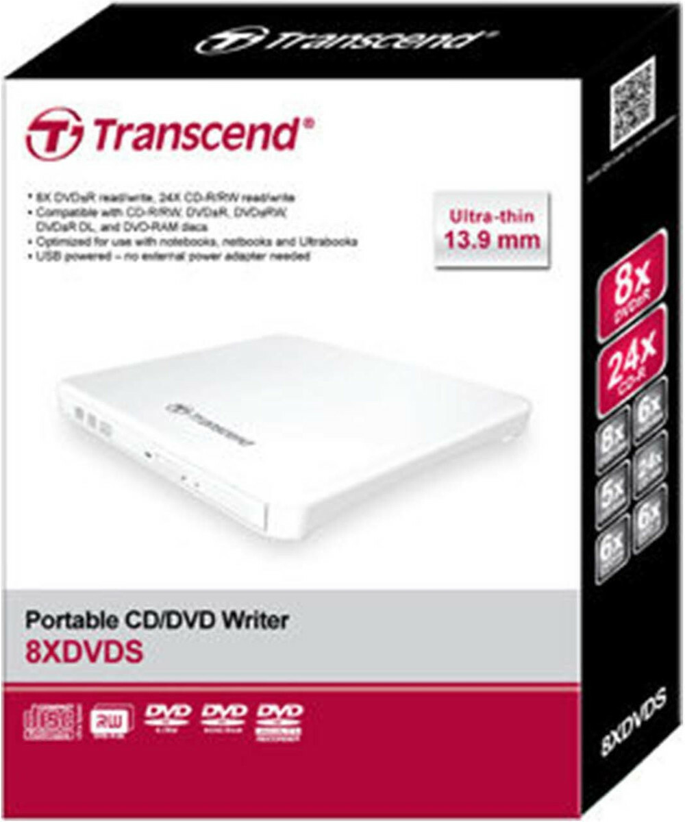 Transcend Εξωτερικός Οδηγός Εγγραφής/Ανάγνωσης CD/DVD για Desktop / Laptop Λευκό TS8XDVDS-W - Image 2
