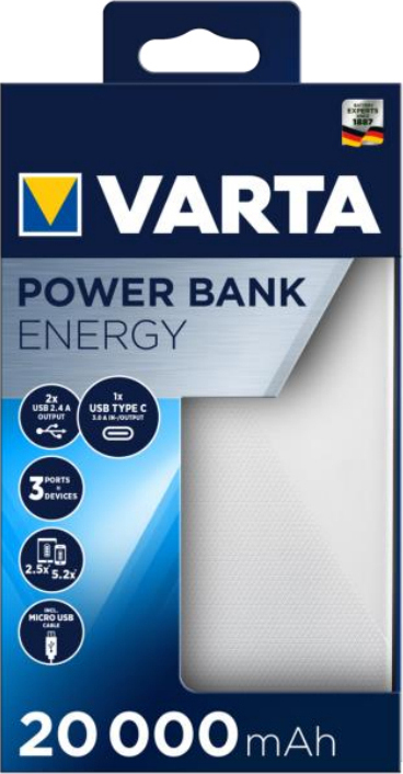 Varta Energy Power Bank 20000mAh με 2 Θύρες USB-A και Θύρα USB-C Λευκό - Image 3