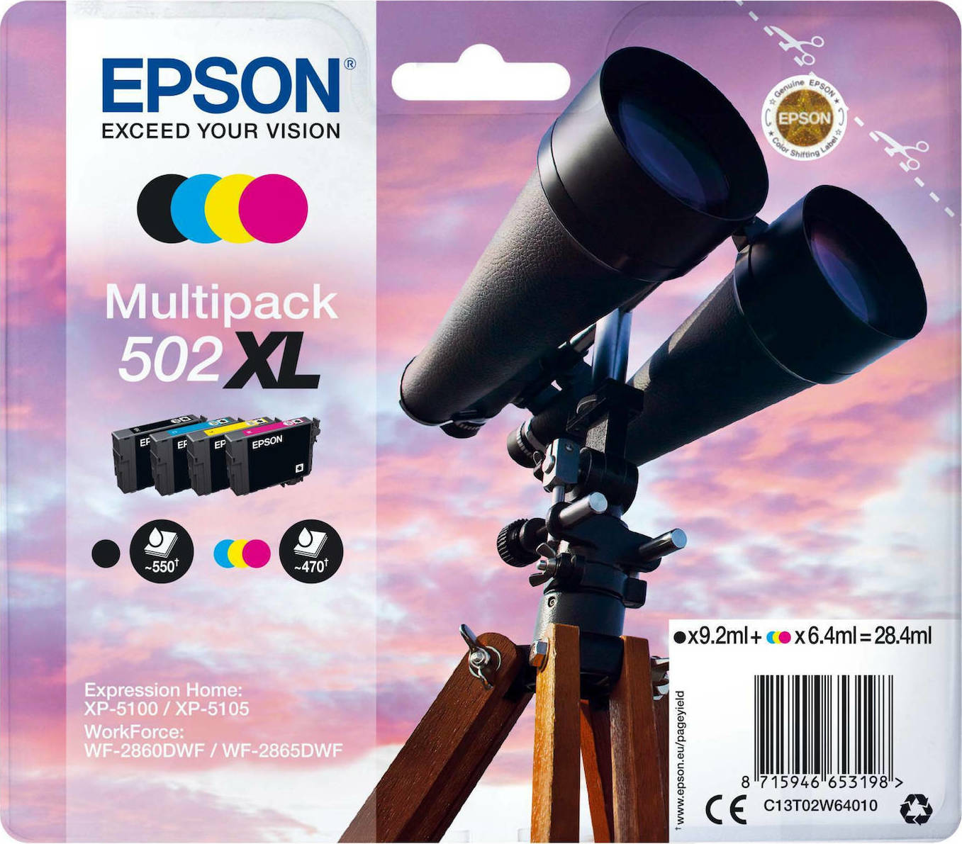 Epson 502XL Γνήσιο Πακέτο 4 Μελανιών Εκτυπωτή InkJet Κίτρινο / Κυανό / Ματζέντα / Μαύρο (C13T02W64010)
