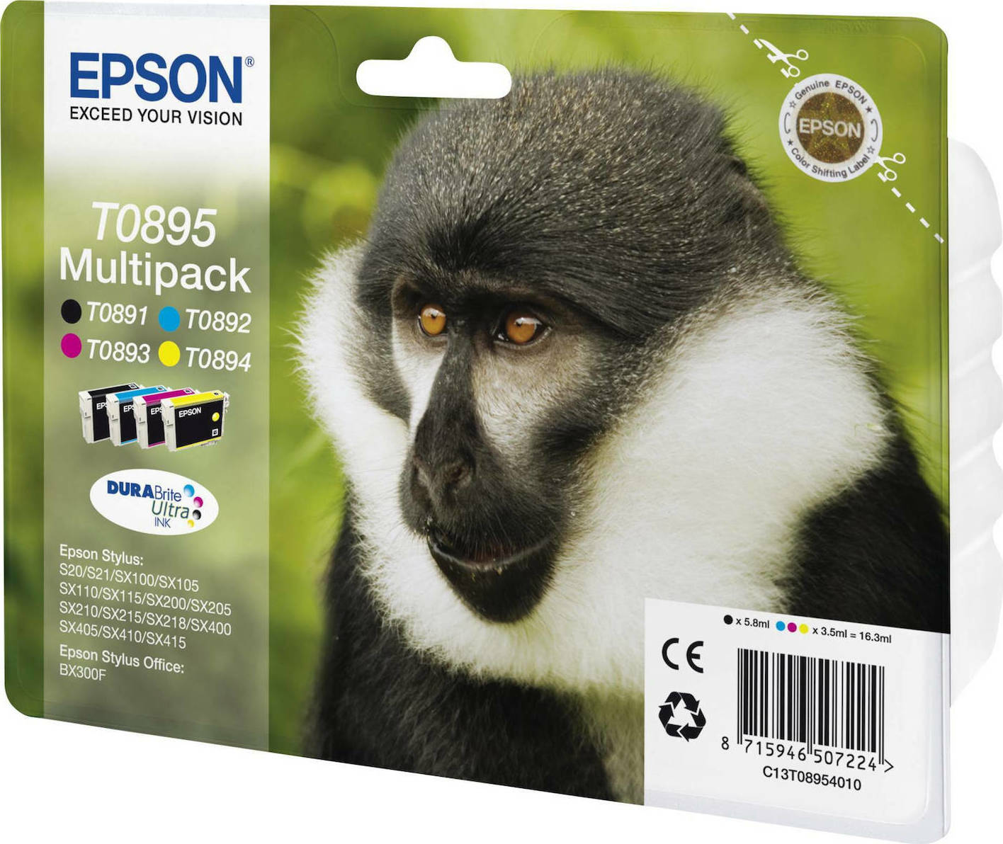 Epson T0895 Γνήσιο Πακέτο 4 Μελανιών Εκτυπωτή InkJet Κίτρινο / Κυανό / Ματζέντα / Μαύρο (C13T08954010) - Image 2
