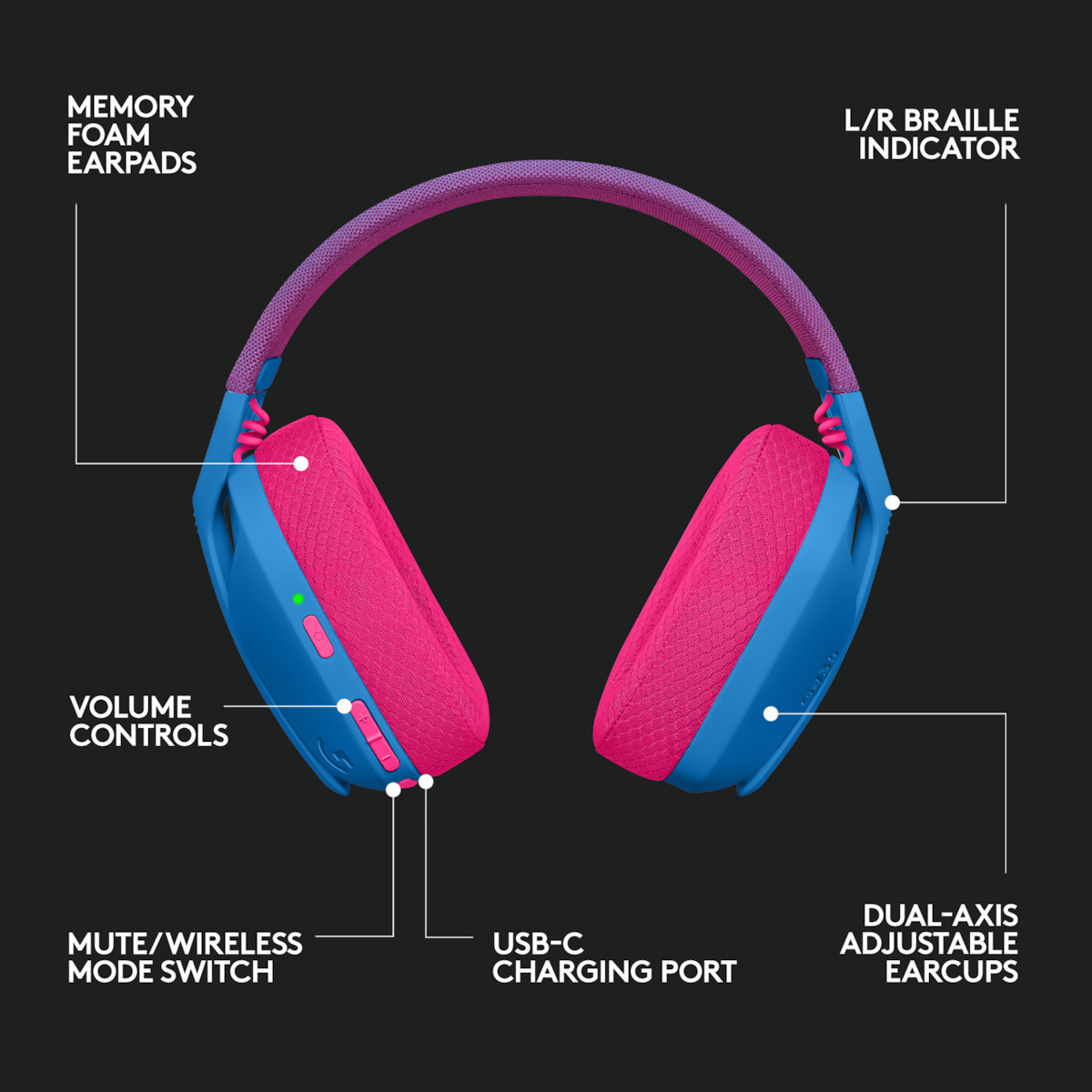 Logitech G435 Lightspeed Ασύρματο Over Ear Gaming Headset με σύνδεση Bluetooth / USB Μπλε/Φούξια - Image 7
