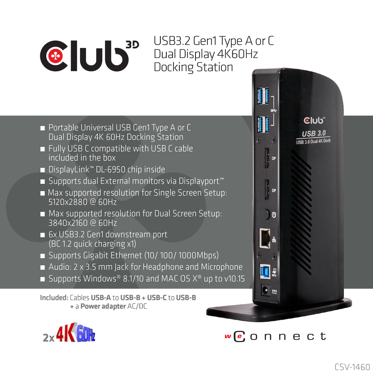 Club3D USB-A / USB-C Docking Station με DisplayPort 4K PD Ethernet (CSV-1460) - Image 3