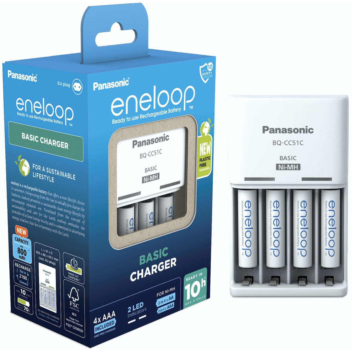Panasonic Eneloop Basic BQ-CC51 Φορτιστής 4 Μπαταριών Ni-MH Μεγέθους AA/AAA Σετ με 4x AAA 800mAh σε Λευκό χρώμα