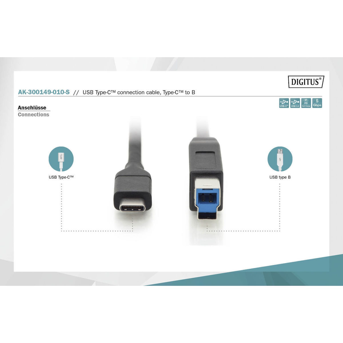 Digitus USB 2.0 USB-C male - USB-B 1m (AK-300149-010-S) - Image 3