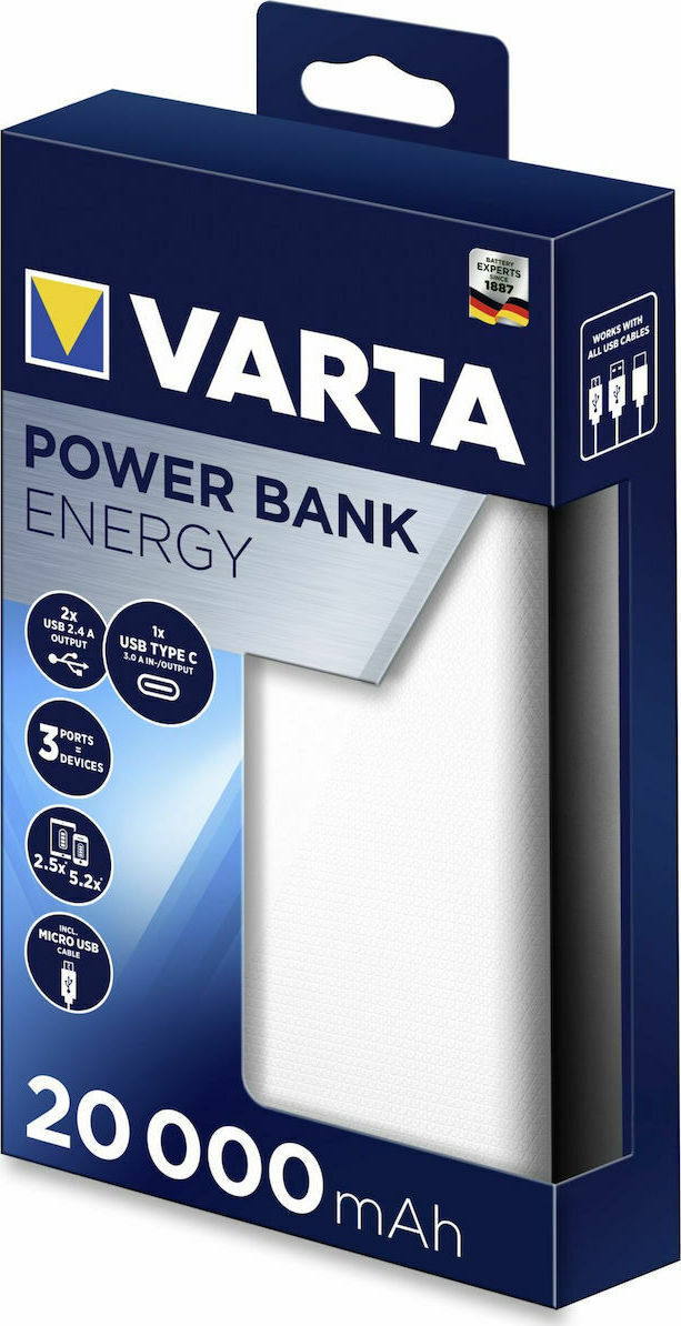 Varta Energy Power Bank 20000mAh με 2 Θύρες USB-A και Θύρα USB-C Λευκό - Image 5
