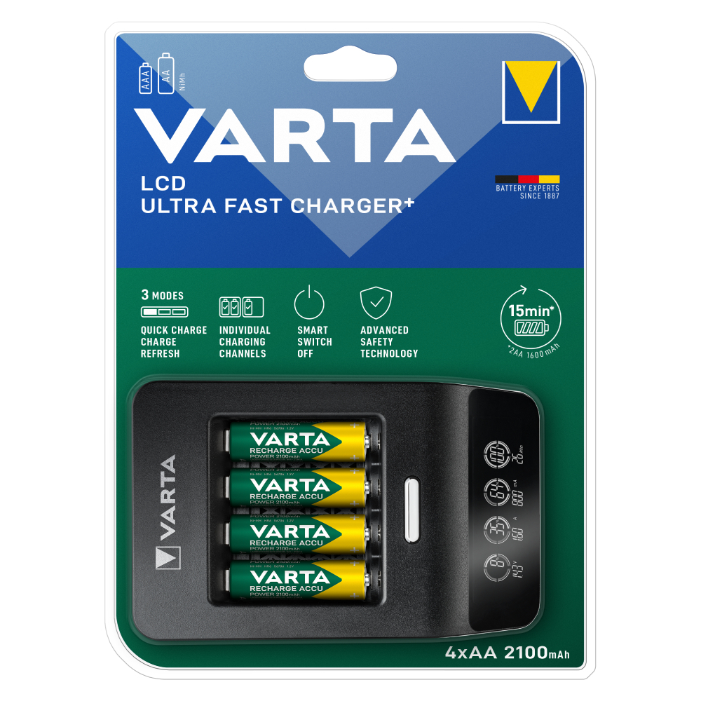Varta Ultra Fast Charger+ 4 Μπαταριών Ni-Cd/Ni-MH Μεγέθους AA/AAA Σετ με 4x AA 2100mAh