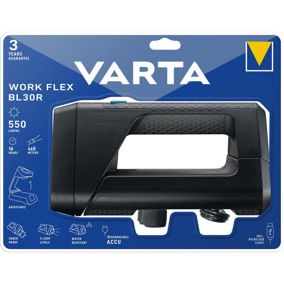 Varta Work Flex BL30R Στεγανός Επαναφορτιζόμενος Φακός LED 300lm