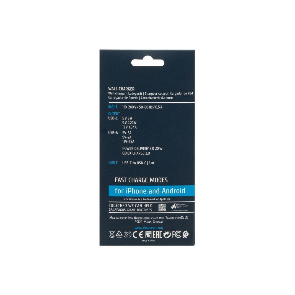Rivacase Φορτιστής με Θύρα USB-A και Θύρα USB-C και Καλώδιο USB-C - USB-C 20W Power Delivery / Quick Charge 3.0 Λευκός (PS4102) - Image 4