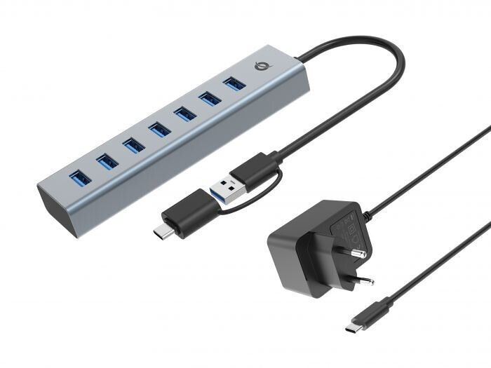 Conceptronic USB 3.0 Hub 7 Θυρών με σύνδεση USB-A / USB-C & Θύρα Φόρτισης και Εξωτερική Παροχή Ρεύματος Ασημί
