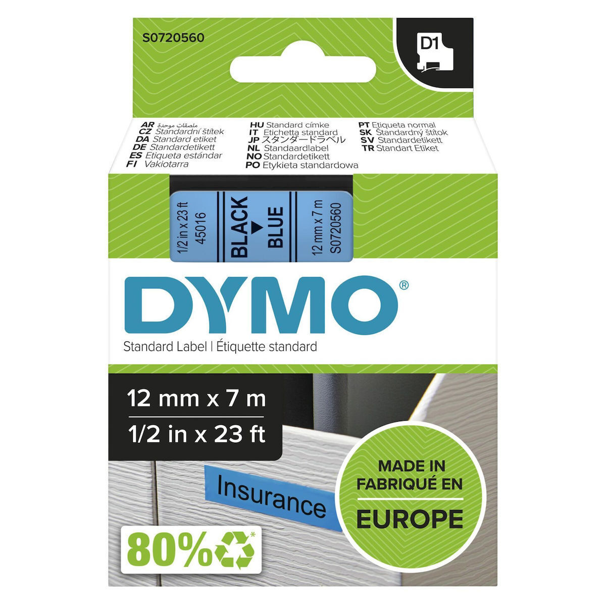 Dymo D1 45016 Ταινία Ετικετογράφου 7m x 12mm σε Μαύρο Χρώμα