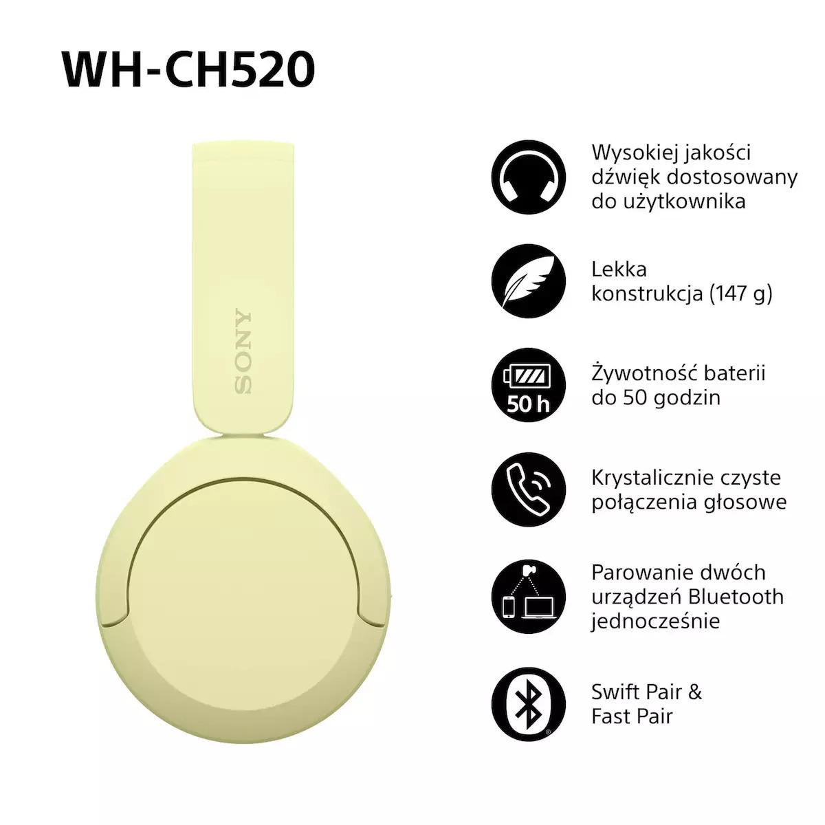 Sony WH-CH520 Ασύρματα / Ενσύρματα On Ear Ακουστικά με 50 ώρες Λειτουργίας και Quick Charge Κίτρινα - Image 2