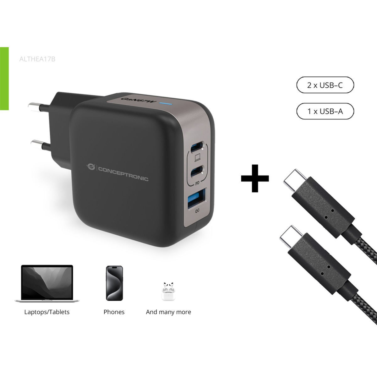 Conceptronic ALTHEA17B USB-C 67W με Καλώδιο USB-C - USB-C