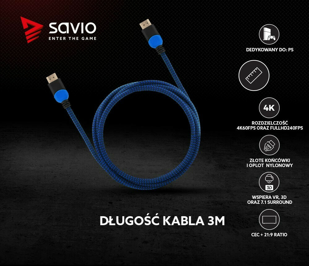 Savio HDMI 2.0 Braided HDMI male - HDMI male 3m Μαύρο (GCL-05) - Image 4