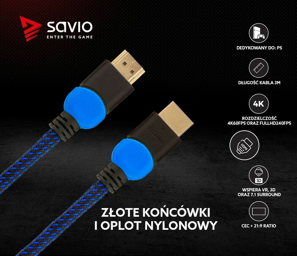Savio HDMI 2.0 Braided HDMI male - HDMI male 3m Μαύρο (GCL-05) - Image 6