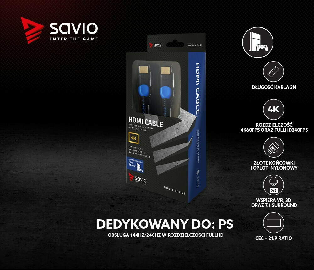 Savio HDMI 2.0 Braided HDMI male - HDMI male 3m Μαύρο (GCL-05) - Image 5