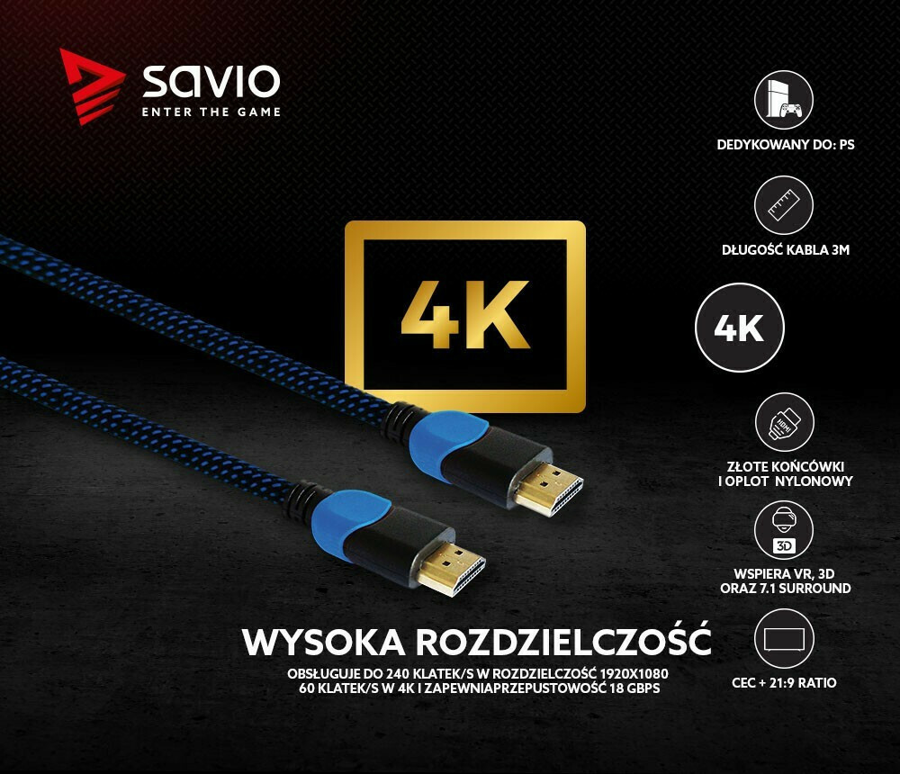 Savio HDMI 2.0 Braided HDMI male - HDMI male 3m Μαύρο (GCL-05) - Image 2