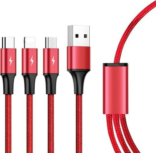 Unitek Braided USB to Lightning / Type-C / micro USB Cable 3A Κόκκινο 1.2m (C4049RD) - Image 2