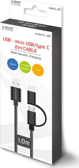 Savio Braided USB to Type-C / micro USB Cable 2.1A Μαύρο 1m (CL-128) - Image 3