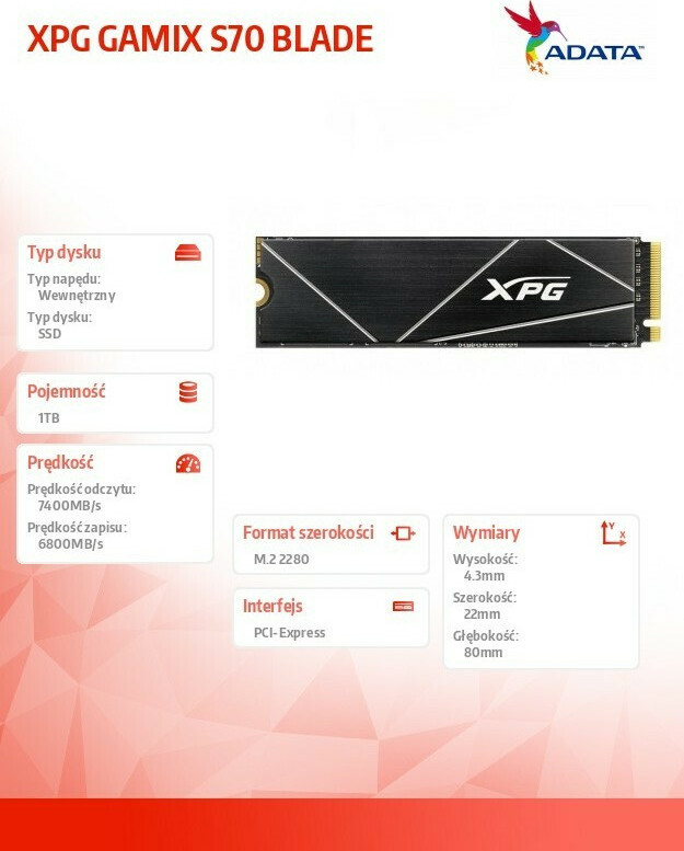 Adata XPG Gammix S70 Blade SSD 1TB M.2 NVMe AGAMMIXS70B-1T-CS - Image 6