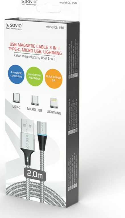 Savio Magnetic USB to Lightning / Type-C / micro USB Cable Ασημί 2m (CL-156) - Image 2