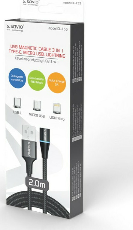 Savio Magnetic USB to Lightning / Type-C / micro USB Cable Μαύρο 2m (CL-155) - Image 2