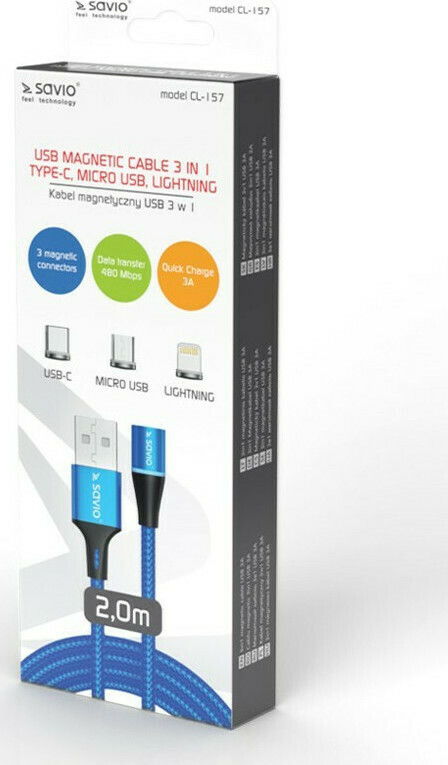 Savio Braided USB to Lightning / Type-C / micro USB Cable Μπλε 2m (CL-157) - Image 2