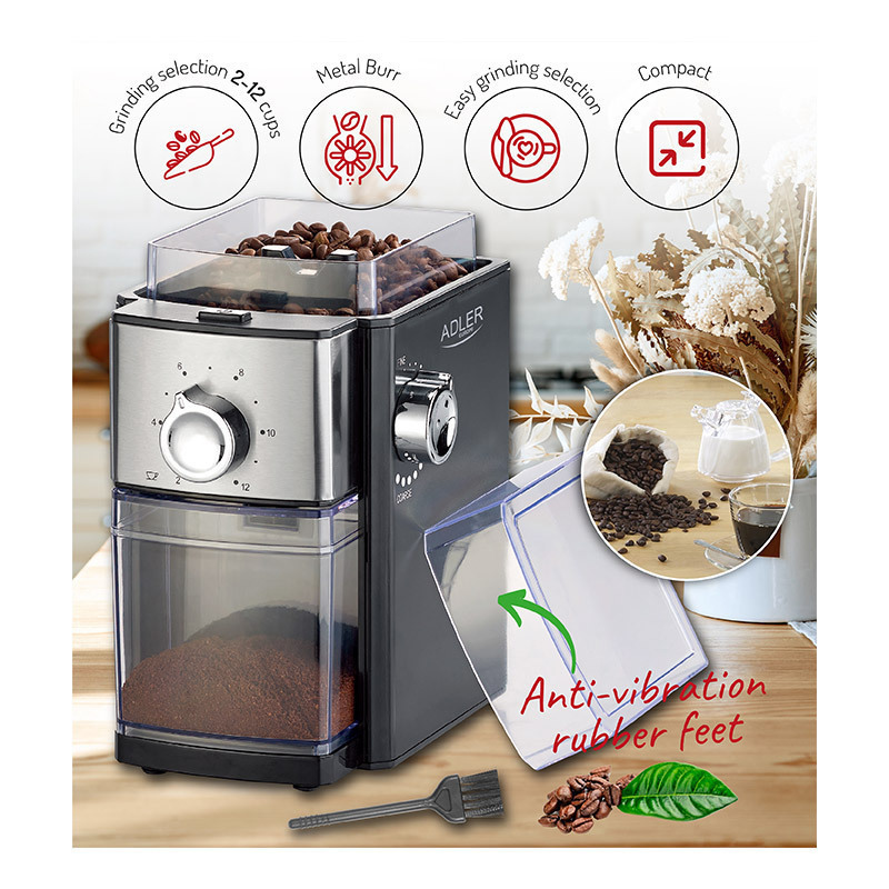 Adler AD-4448 Ηλεκτρικός Μύλος Καφέ 300W με Χωρητικότητα 250gr και 12 Επίπεδα Άλεσης Ασημί - Image 8