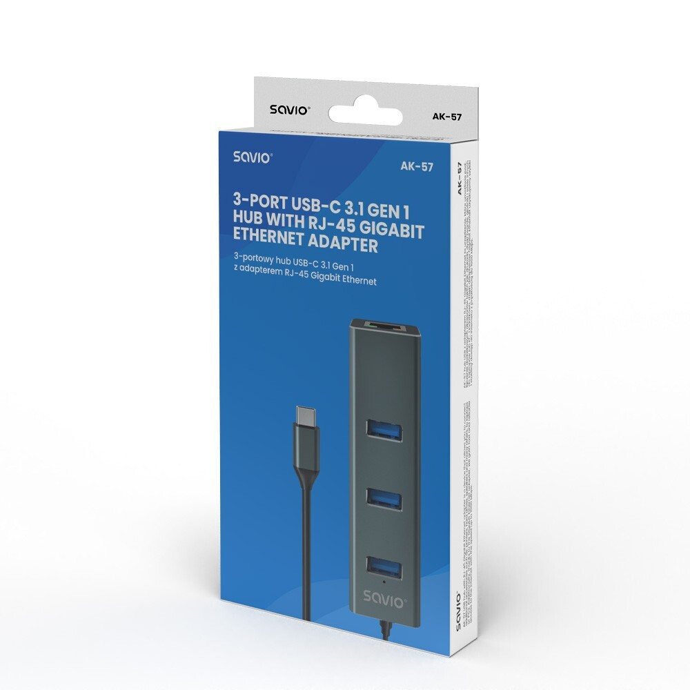 Savio AK-57 USB 3.1 Hub 3 Θυρών με σύνδεση USB-C / Ethernet Γκρι - Image 3