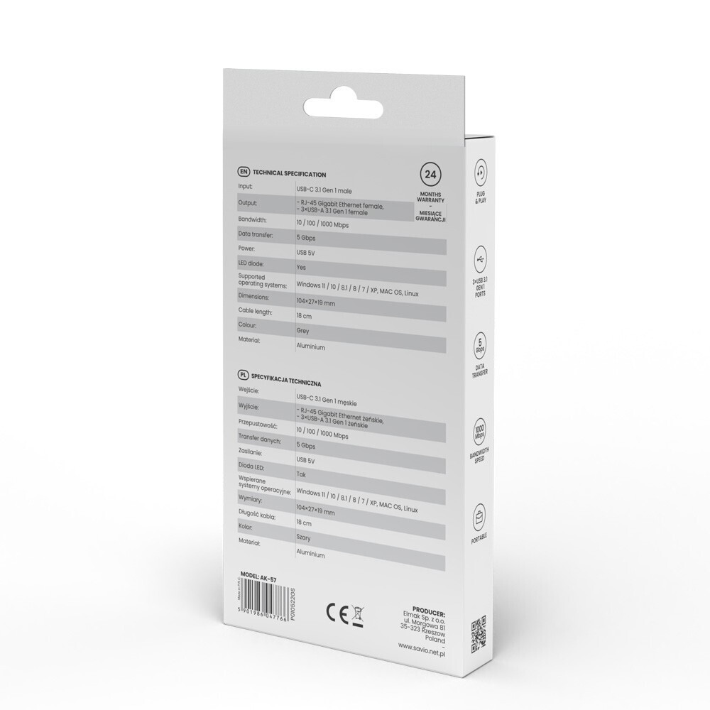 Savio AK-57 USB 3.1 Hub 3 Θυρών με σύνδεση USB-C / Ethernet Γκρι - Image 4