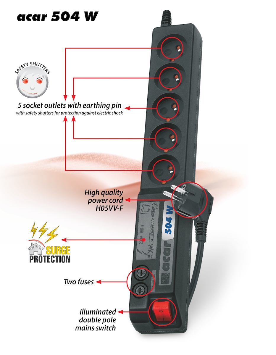 Acar Surge Protector 504W 5m Πολύπριζο Ασφαλείας 5 Θέσεων με Διακόπτη και Καλώδιο 5m - Image 2