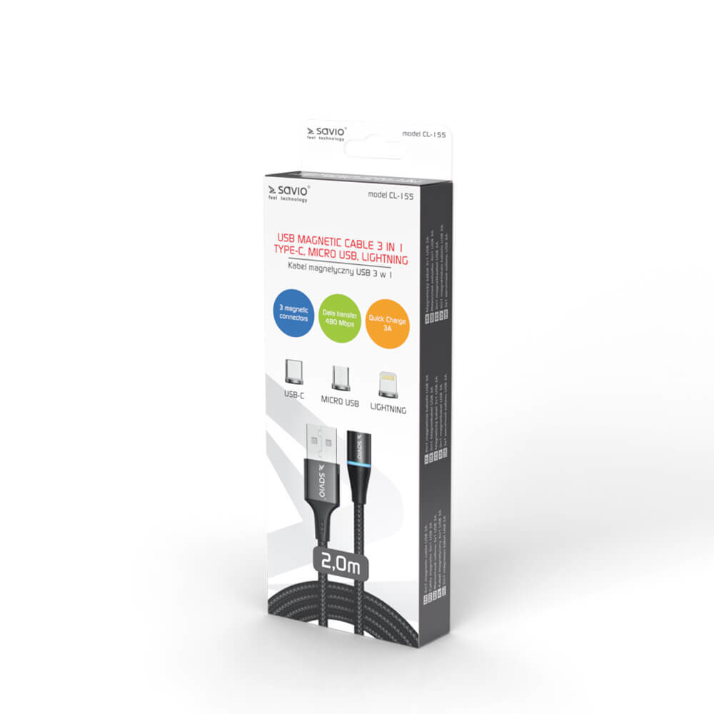 Savio Magnetic USB to Lightning / Type-C / micro USB Cable Μαύρο 2m (CL-155) - Image 3