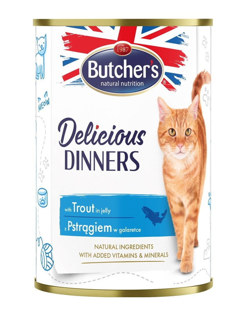 Butcher's Pet Care Delicious Dinners Υγρή Τροφή για Ηλικιωμένες Γάτες σε Κονσέρβα με Πέστροφα και Κοτόπουλο χωρίς Γλουτένη 400gr