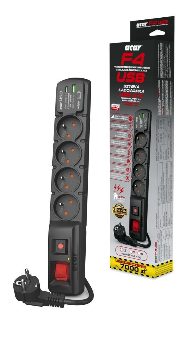 Acar Πολύπριζο 4 Θέσεων με 1 USB-A, 1 USB-C και Καλώδιο 5m