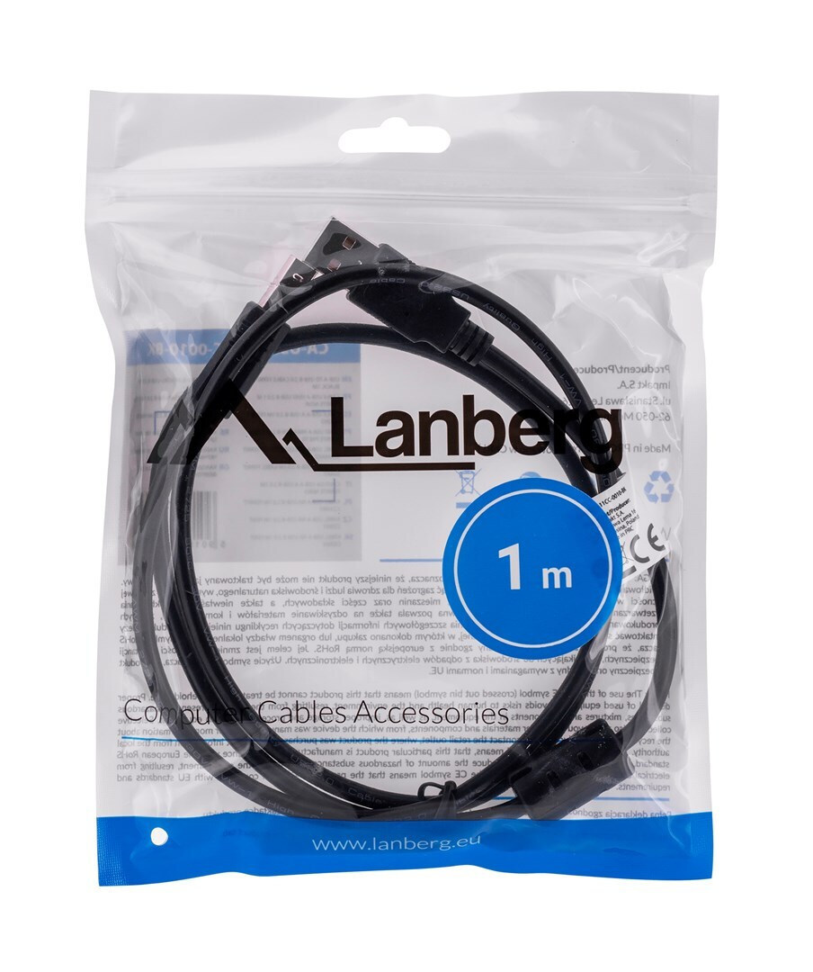 Lanberg USB 2.0 Cable USB-A male - USB-B male Μαύρο 1m (CA-USBA-11CC-0010-BK) - Image 3