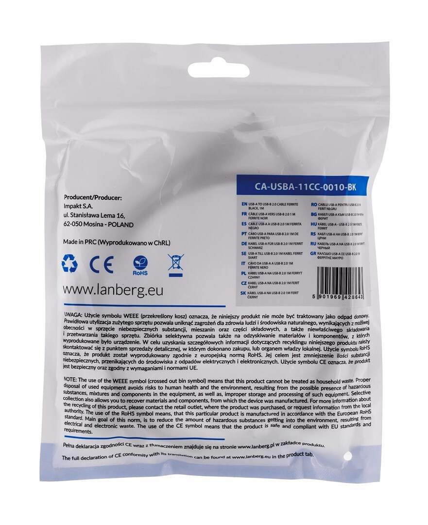 Lanberg USB 2.0 Cable USB-A male - USB-B male Μαύρο 1m (CA-USBA-11CC-0010-BK) - Image 4