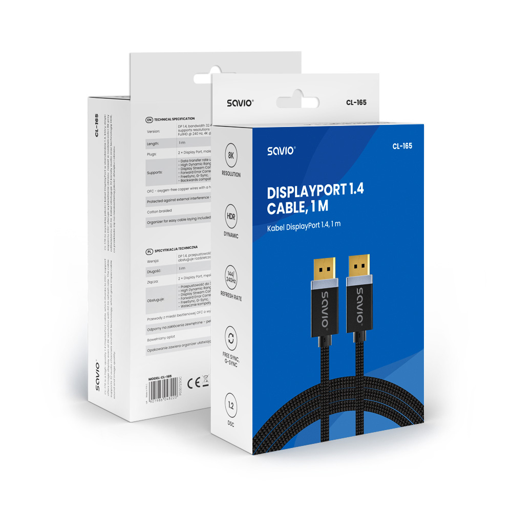 Savio Cable DisplayPort male - DisplayPort male 1m Μαύρο (CL-165) - Image 3