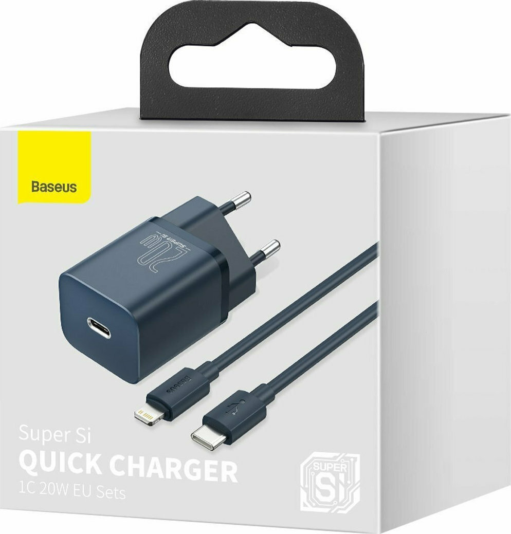 Baseus Φορτιστής με Θύρα USB-C και Καλώδιο USB-C - Lightning 20W Power Delivery Μπλε (Super Si)