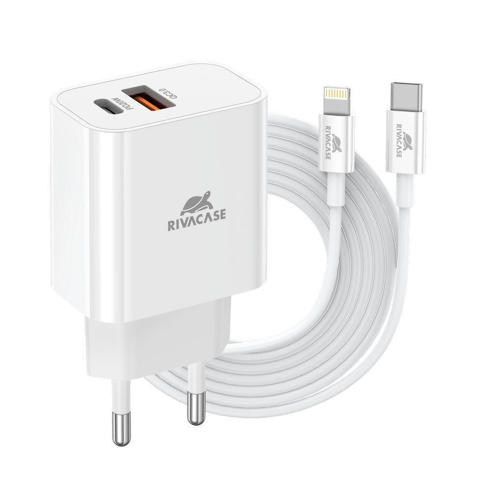 Rivacase Φορτιστής Χωρίς Καλώδιο με Θύρα USB-A και Θύρα USB-C και Καλώδιο USB-C - Lightning 20W Power Delivery / Quick Charge 3.0 Λευκός (PS4102)