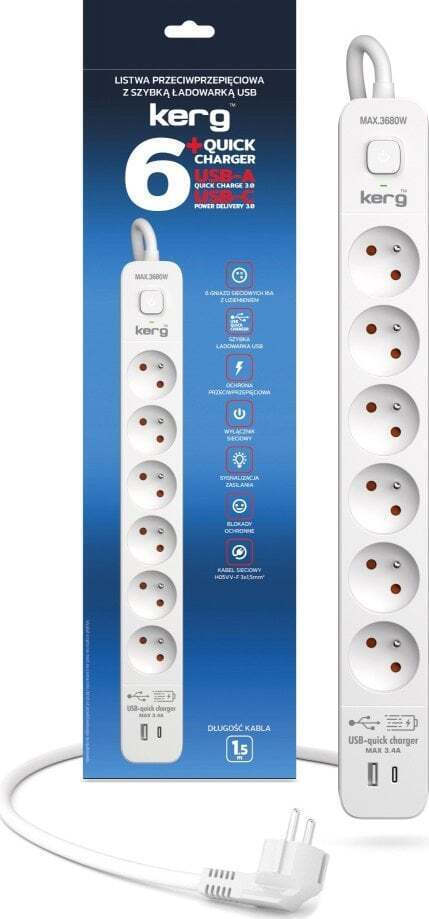Triton Πολύπριζο 6 Θέσεων με USB-A, USB-C, Διακόπτη και Καλώδιο 1.5m
