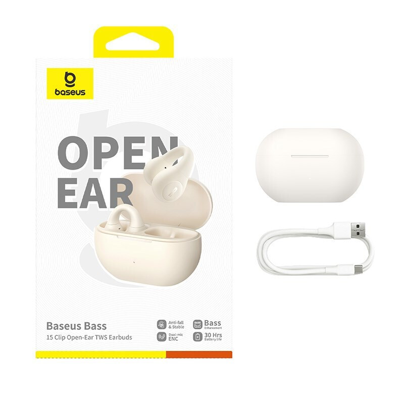 Baseus Bass 15 Clip Open Ear Bluetooth Handsfree Ακουστικά με Θήκη Φόρτισης Λευκά - Image 3