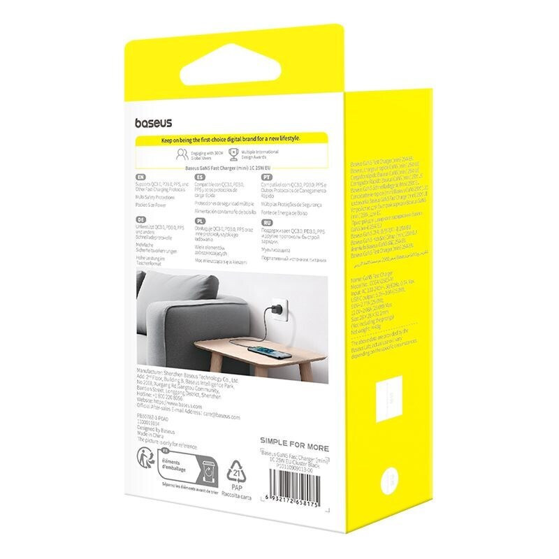 Baseus Φορτιστής GaN με Θύρα USB-C και Καλώδιο USB-C - USB-C 25W Power Delivery Μαύρος (Gan5) - Image 7