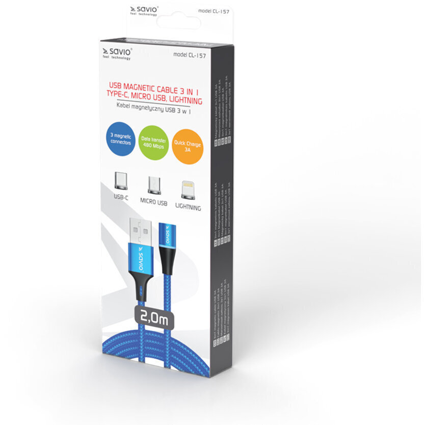 Savio Braided USB to Lightning / Type-C / micro USB Cable Μπλε 2m (CL-157) - Image 3