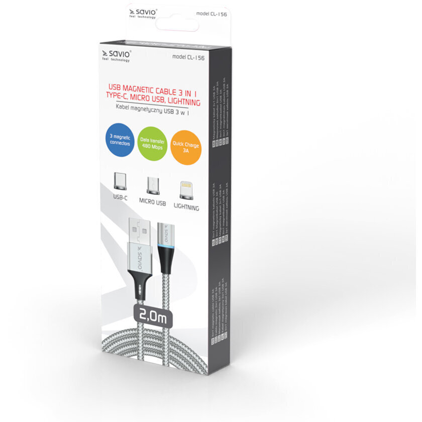 Savio Magnetic USB to Lightning / Type-C / micro USB Cable Ασημί 2m (CL-156) - Image 3