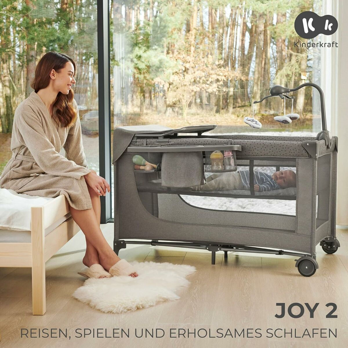Kinderkraft Joy2 Παρκοκρέβατο 2 Επιπέδων με Στρώμα Μπεζ 129x73cm - Image 5